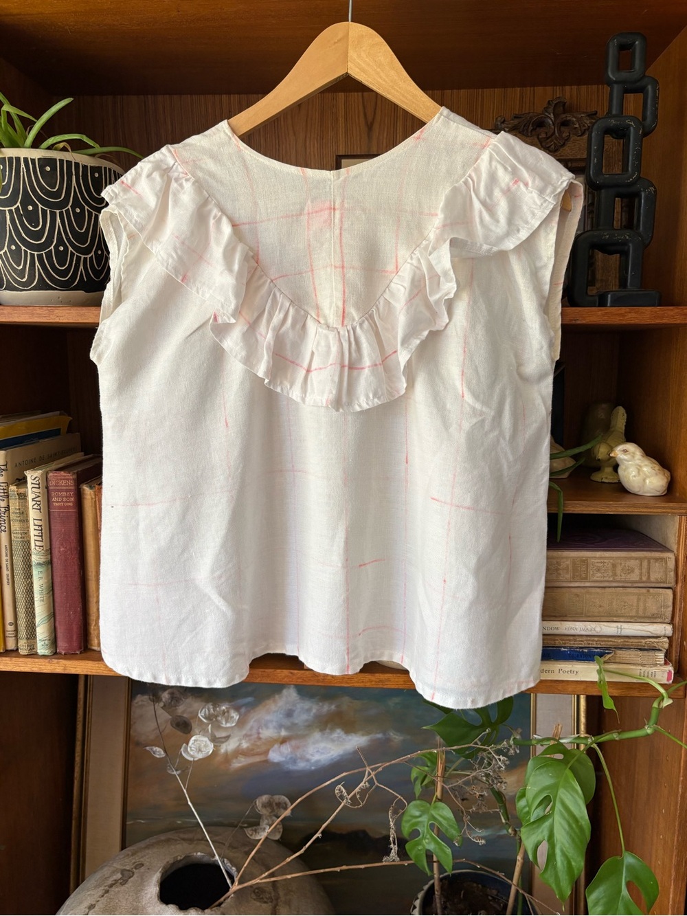 Tony Chestnut Linen Checkboard Ruffle Top M - Picture 4 of 4